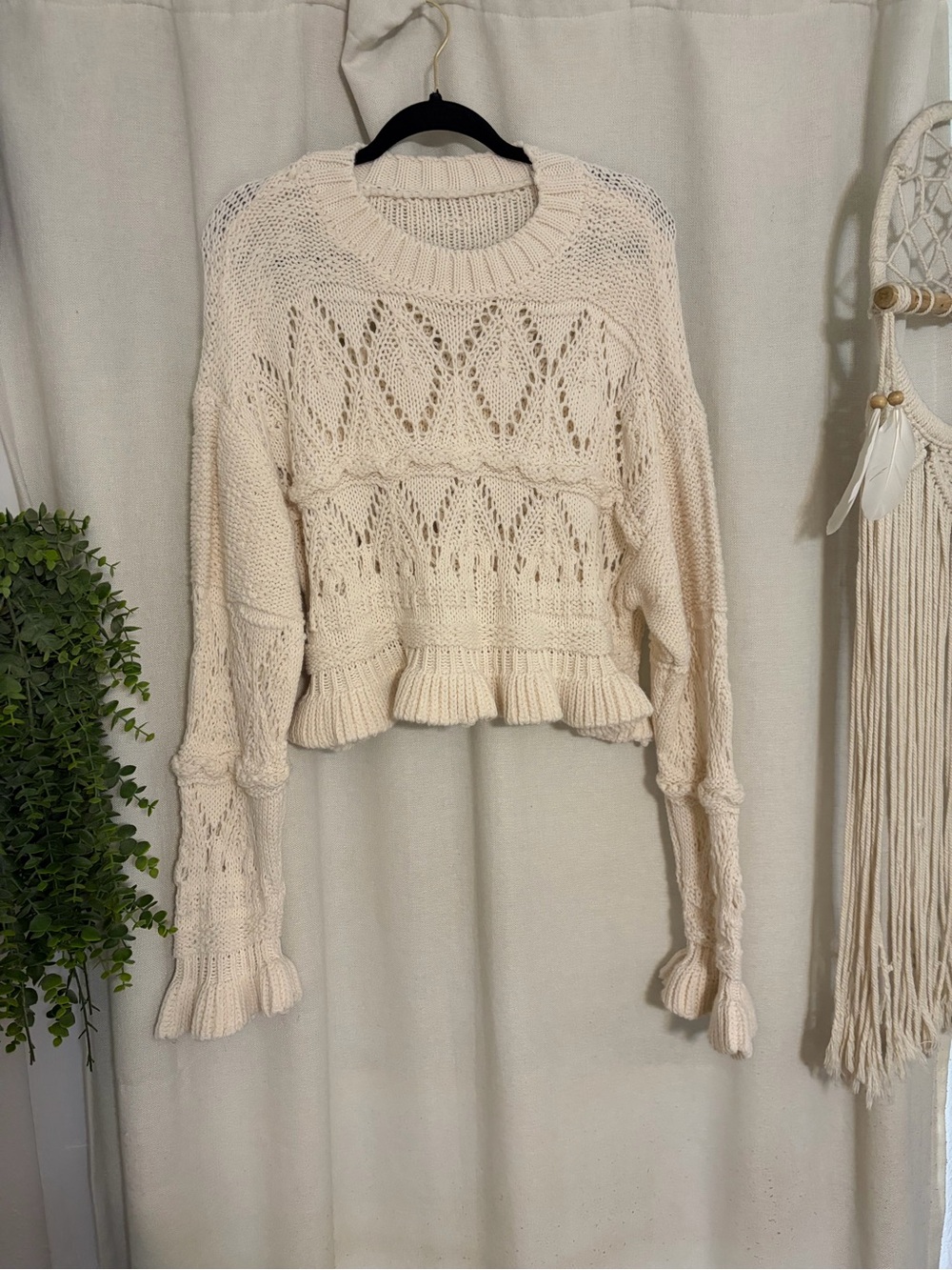 Cream Open-Knit Ruffle Hem Women's Sweater